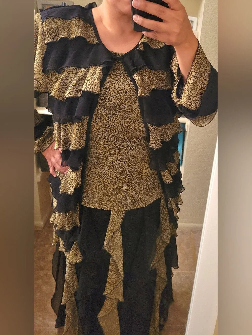 Vintage Black and Animal Print Tiered Ruffle Skirt Set